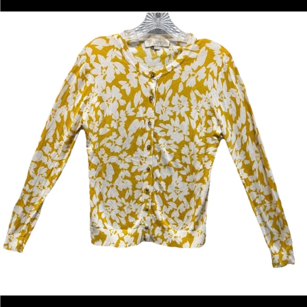 LOFT Yellow and White lightweight Button Up Cardigan Knit Sweater Med Casual EUC
